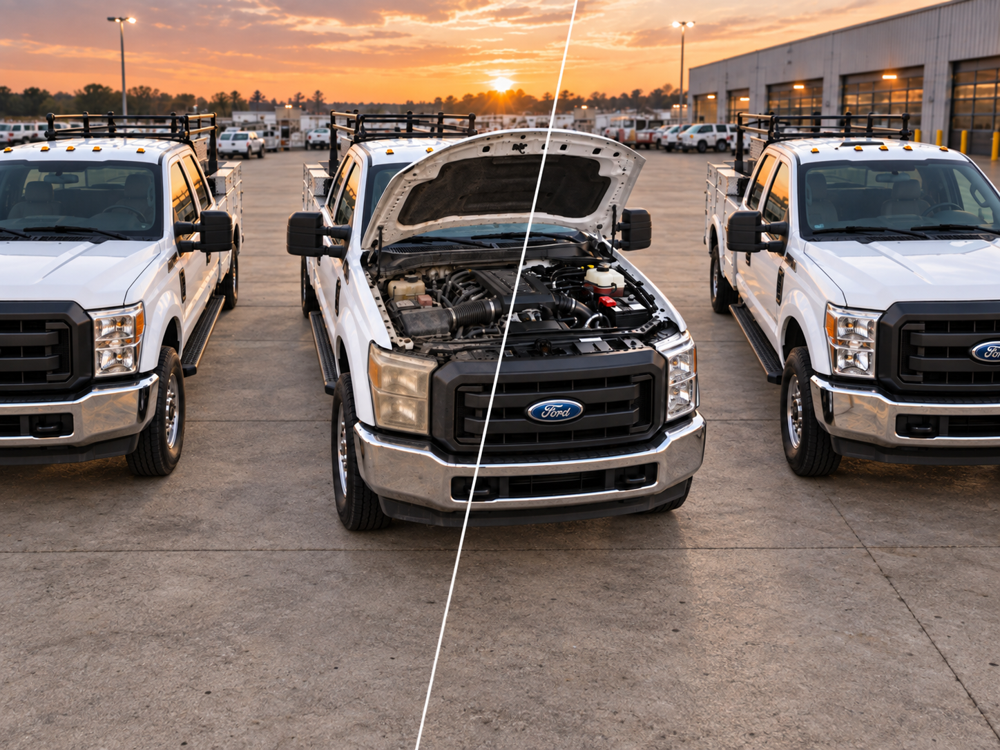 Before and after split view of a remanufactured Ford work truck engine bay at sunset